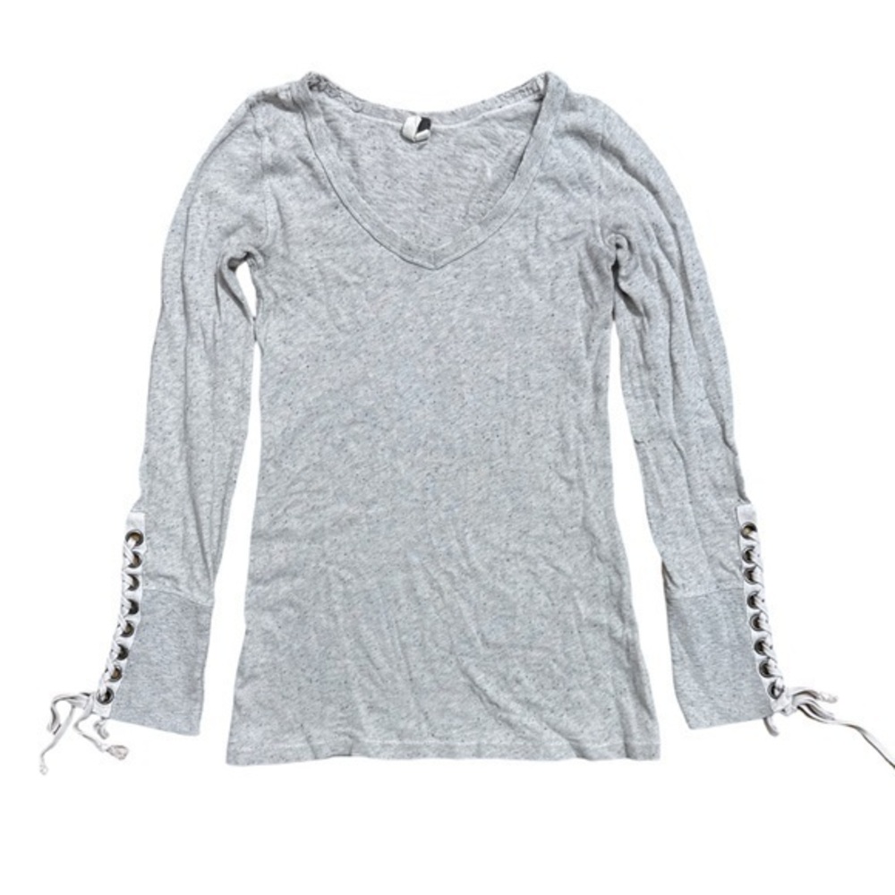 Free People • We The Free Lace Up Cuff Slub Long Sleeve V Neck Top RARE Oat M